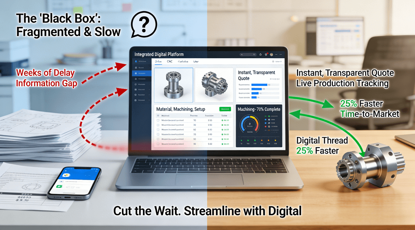 A desk contrasts the traditional, fragmented “black box” supply chain (paper drawings, email backlog, opaque quotes) with an integrated online CNC platform showing a 3D model, instant transparent quote, and live production tracking, visualizing the shift to a 25% faster digital thread.