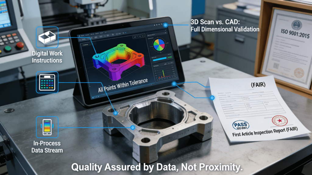 A close-up of a precision CNC machined part alongside a tablet displaying its 3D scan color map compared to the CAD model, with data flow lines connecting to digital work instructions, process data, and a passed First Article Inspection Report, illustrating the complete digital quality thread.